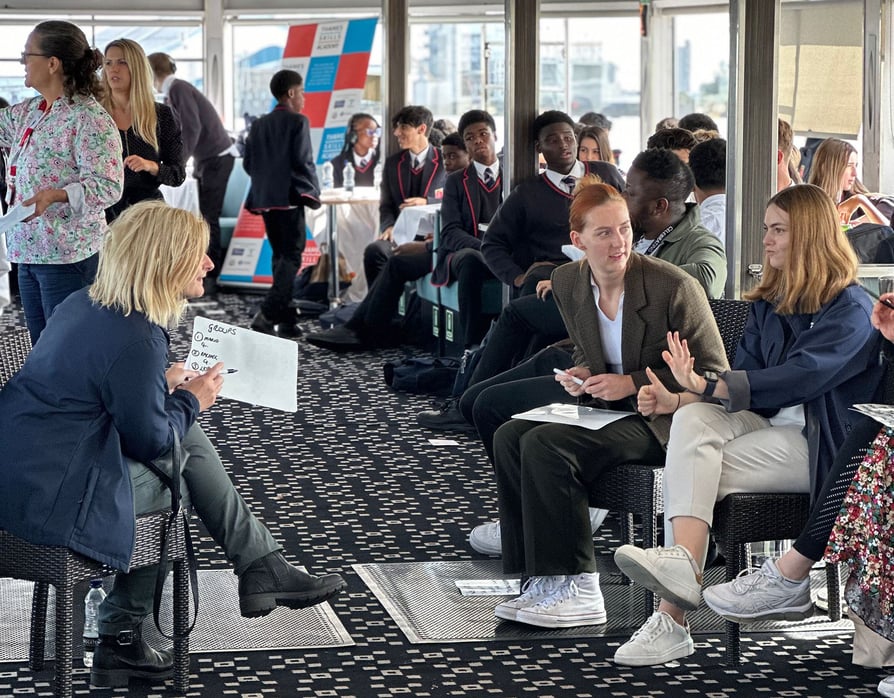 Grace Staines and Emily McLean from PLAs Environment Team talk to students about the Thames and sustainability
