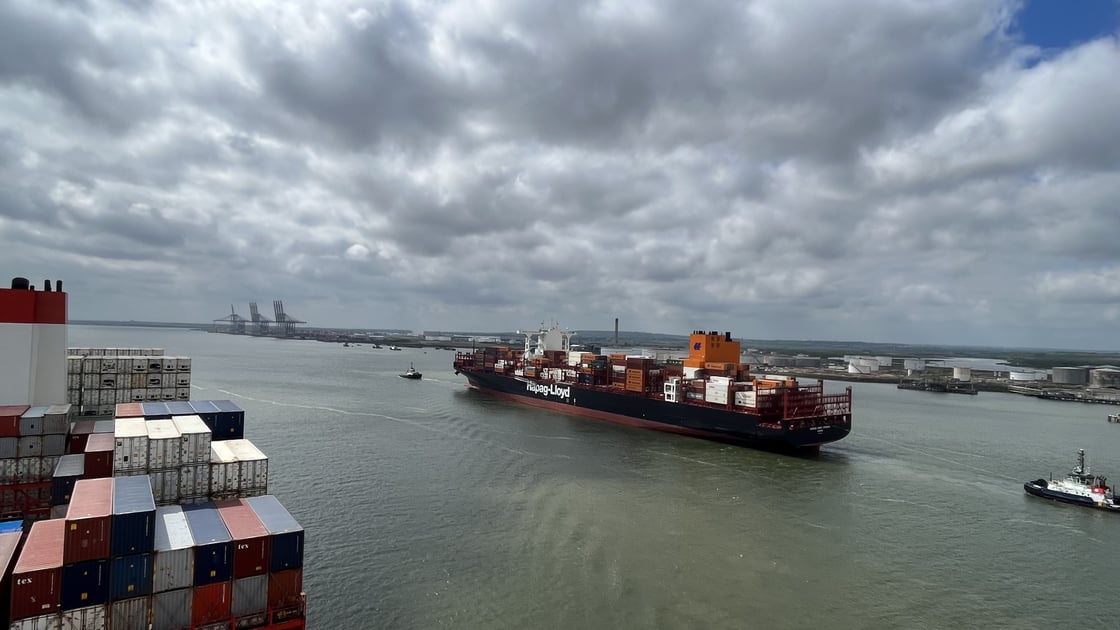 ULCS Cap San Maleas passing ULCS Buenos Aires Express. Inward and Outward bound ships meeting off Canvey Island credit Alexander Spooner